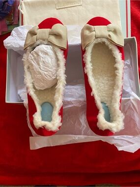 Frances Valentine Red Satin Slippers with Beige Bow
